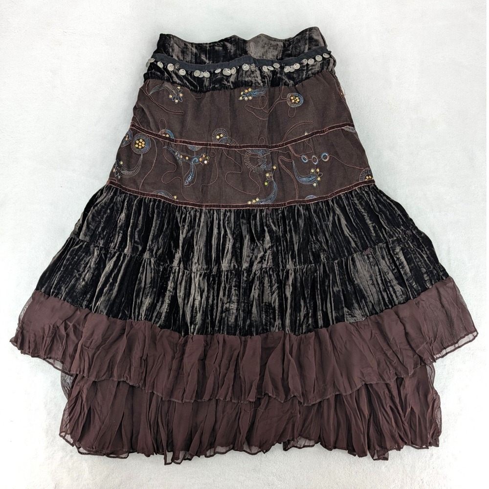 Faust Paris Brown Velvet Corduroy Embroidered Tiered Skirt Size XL T4 Vintage